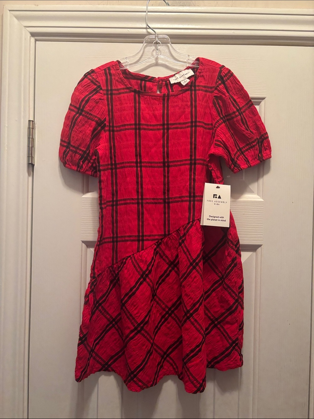NWT Free Assembly Girls' Red Plaid Short Puff Sleeve Dress
